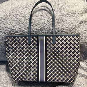 Tory Burch Tote Bag Womens One Size Navy Geo Logo Stripe Shoulder Shopper 82398